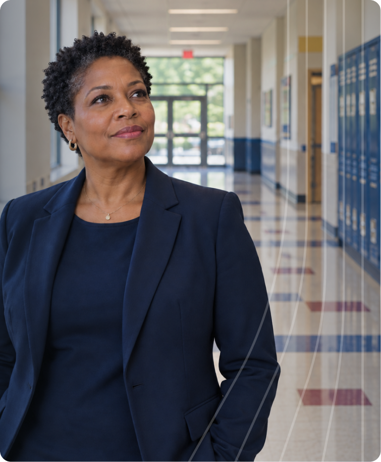 District leader standing in a school hallway